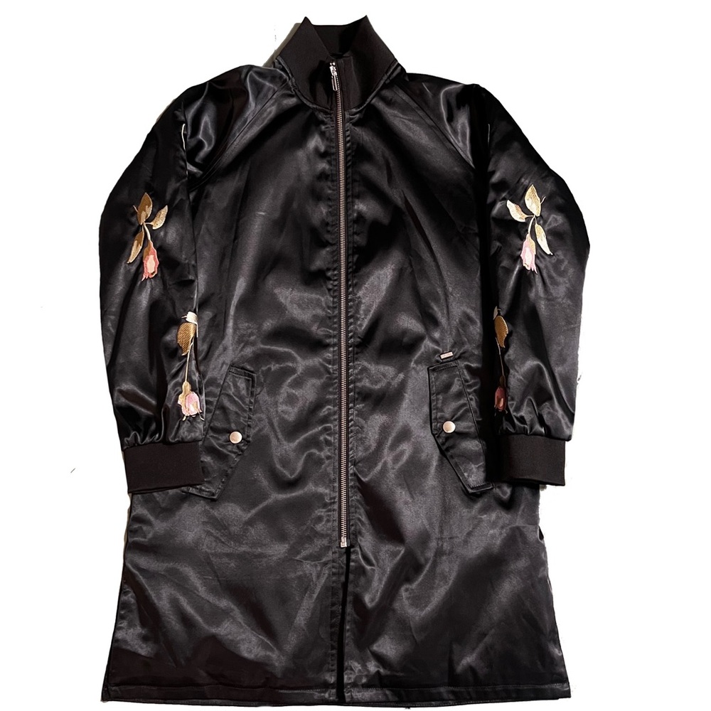NWOT Obey Long Satin Embroidered Bomber Jacket